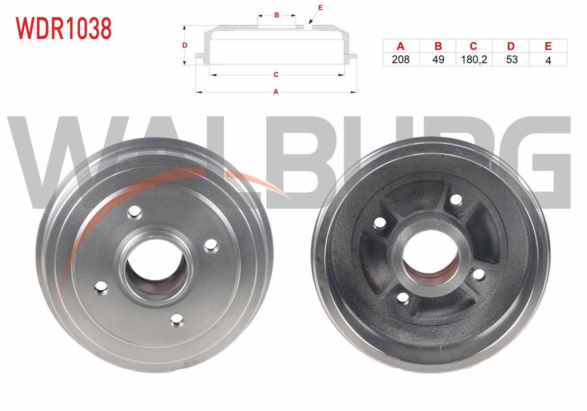 WALBURG WDR1038 Brake Drum Rear 4 Hole Renault 21 1.7 1986-1993 — Brake Rotors & Drums
