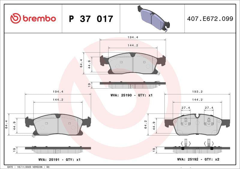 Brembo P37017 Brake Pad Front (Jeep-Grand Cherokee IV 3.6 V6 4×4 10-/ 3.0 Crd V6 4×4 11-/ Ml 250 CDI 11 -)