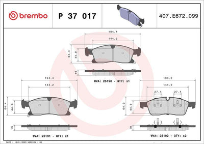Brembo P37017 Brake Pad Front (Jeep-Grand Cherokee IV 3.6 V6 4×4 10-/ 3.0 Crd V6 4×4 11-/ Ml 250 CDI 11 -)