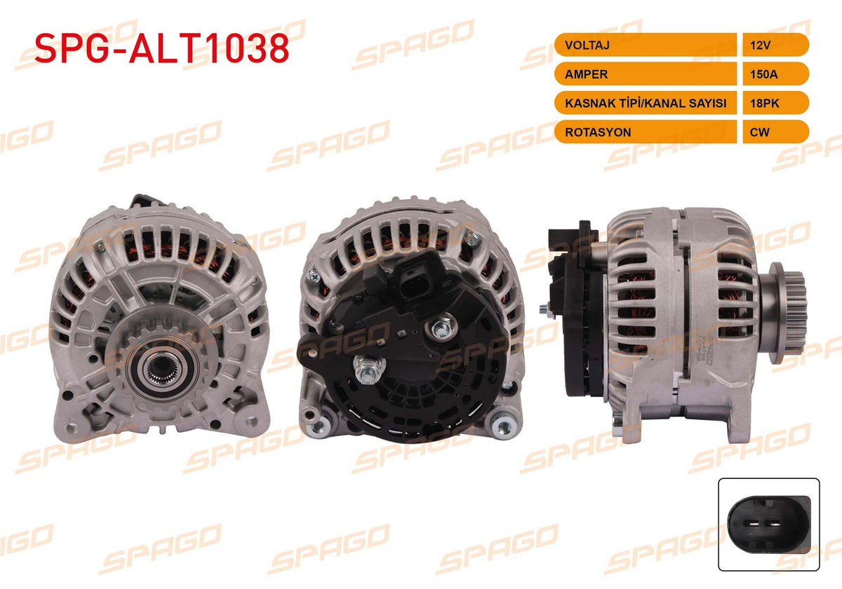SPAGO SPG-ALT1038 Alternator 12V 150A 18 Outer (Alt284) Transporter T5 03-09-Touareg 03-10 (2.5 TDI Veh — Starting & Charging
