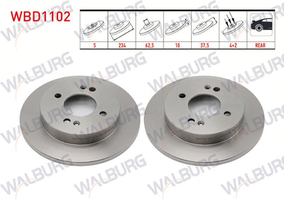 WALBURG WBD1102 Brake Disc Rear Straight 4 Bjn 234X10x62,5X37,5 Hyundai i10 1.1i 12V-1.0 D-Cvvt-1.2 D-Cvvt 13 Rim 2008-2013 / Kia Picanto (Ba) 1.25-1.1i 4 Bjn 2004-2011 | Set of 2