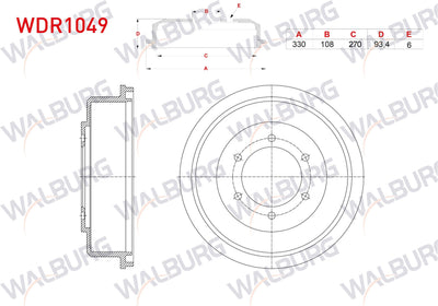 WALBURG WDR1049 Brake Drum Rear 6 Hole 330X108x270x93,4 Mitsubishi L 200 (K7t,K6t) 2.5 TD 1996-2007 — Brake Rotors & Drums