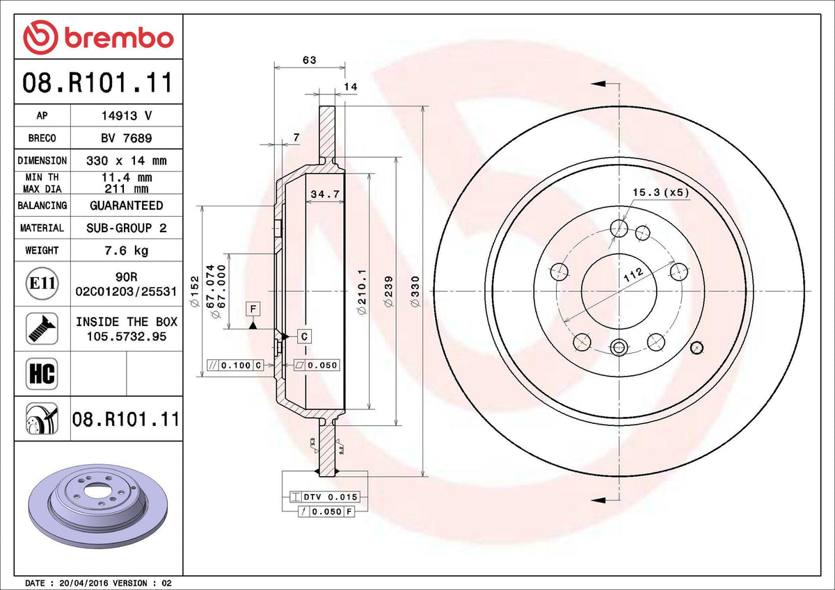 Brembo 08R10111 *2 Brake Disc Rear Ml-Class W164 05 > 11 R-Class W251 06 > 12 | Set of 2