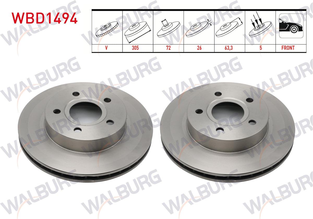 WALBURG WBD1494 Brake Disc Front Air 5 Bjn 305X26x72x63,3 Jeep Grand Cherokee II (Wj,Wg) 2.7 CRDi-3.1 TD-4.0-4.7 V8 1998-2005 | Set of 2