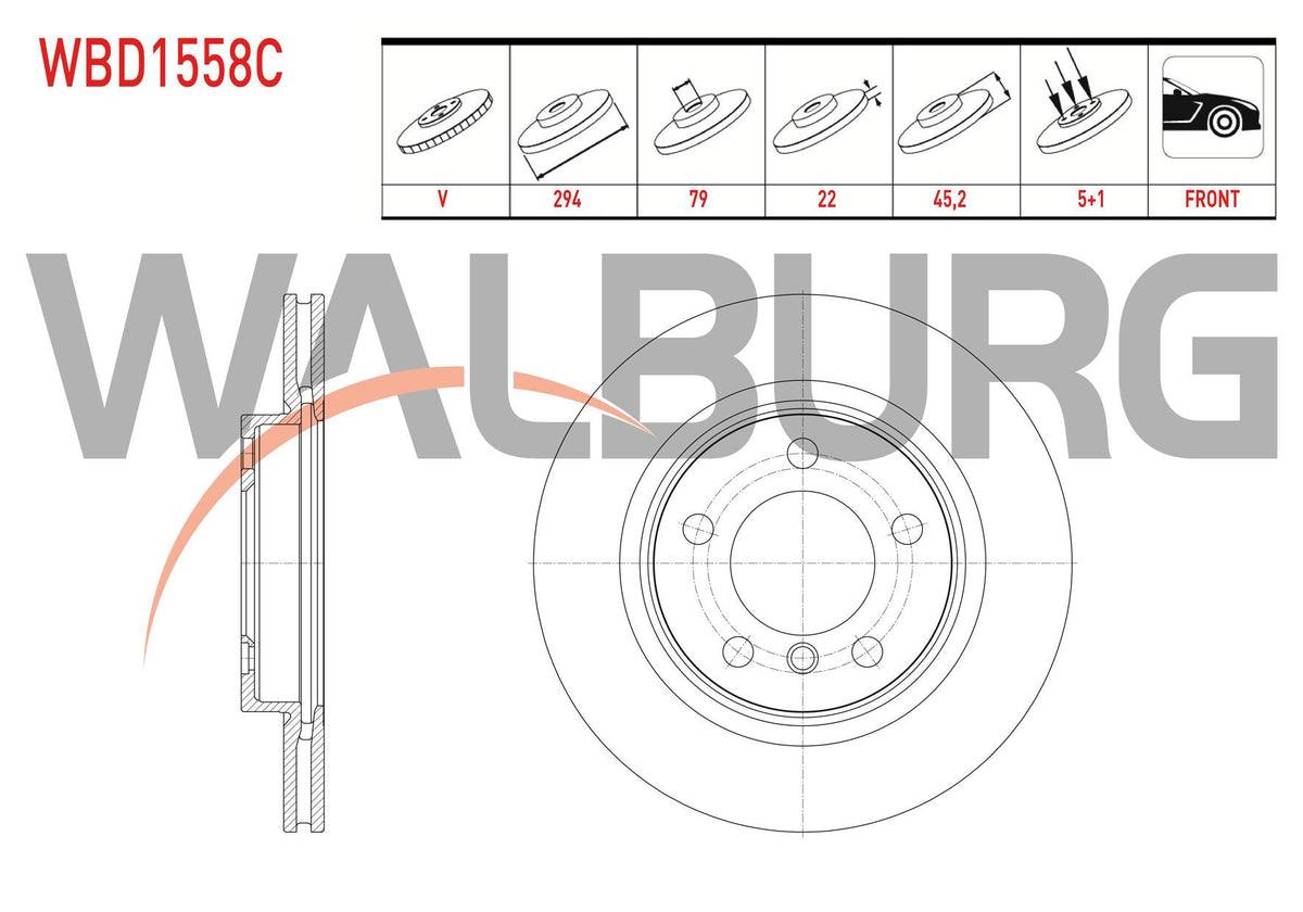 WALBURG WBD1558C Brake Disc Front Air Coated 5 Bjn 294X22x79x45 — Brake Rotors & Drums