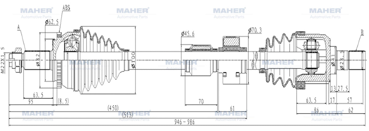 MAHER 02000 Axle Complete Front I-30 07-11 / Right Diesel A-T ABS li 46 Teeth 946mm — Axles, CV Joints & Boots