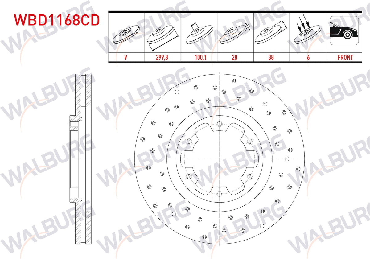 WALBURG WBD1168CD Brake Disc Front Air Coated Performance Drilled 6 Bjn 299,8X28x100 — Brake Rotors & Drums