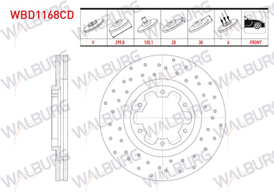 WALBURG WBD1168CD Brake Disc Front Air Coated Performance Drilled 6 Bjn 299,8X28x100 — Brake Rotors & Drums
