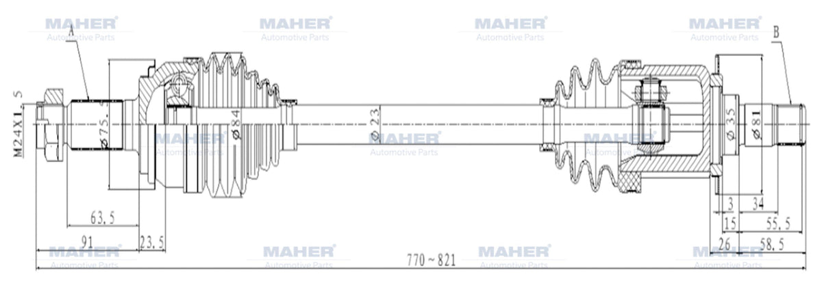 MAHER 01874 Axle Complete Rear CRV 07-11 / Left A-T 2.0 770mm — Axles, CV Joints & Boots