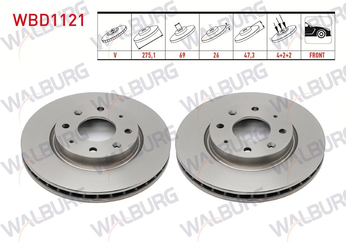 WALBURG WBD1121 Brake Disc Front Air 4 Bjn 275,1X26x69x47,3 Kia Cerato (Ld) 1.5 CRDi 2004-2012 / Cerato (Ld) 1.6i 2004-2012 | Set of 2