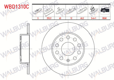 WALBURG WBD1310C Brake Disc Rear Straight Coated 5 Bjn 255,9X12x65x48 — Brake Rotors & Drums