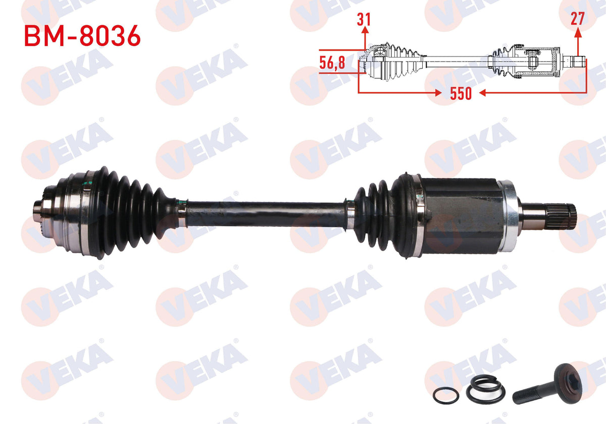 Veka BM-8036 Complete Axle Left Front BMW 3 Series (F30) 320 D xDrive A-T / M-T Length 550 mm 2011 — Axles, CV Joints & Boots