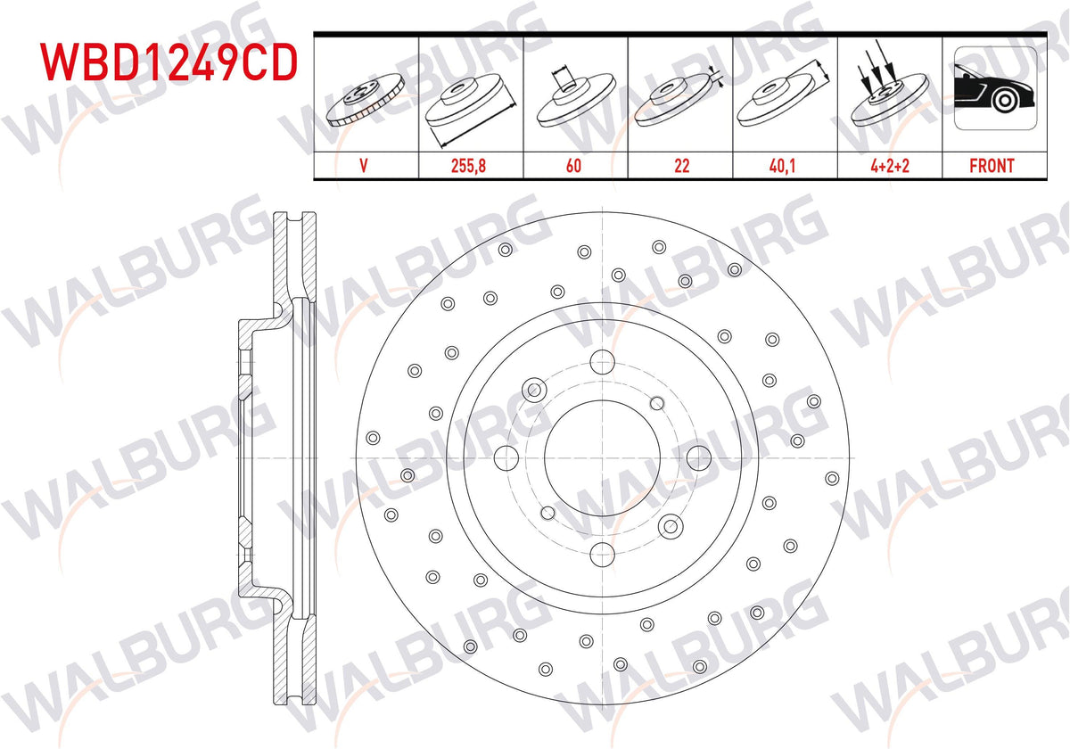 WALBURG WBD1249CD Brake Disc Front Air Coated Performance Drilled 4 Bjn 255,8X22x60x40,1 Suzuki Swift IV (Fz,Nz) 1.2 2010-/ Swift IV (Fz,Nz) 1.3 DDiS 2010-| Set of 2