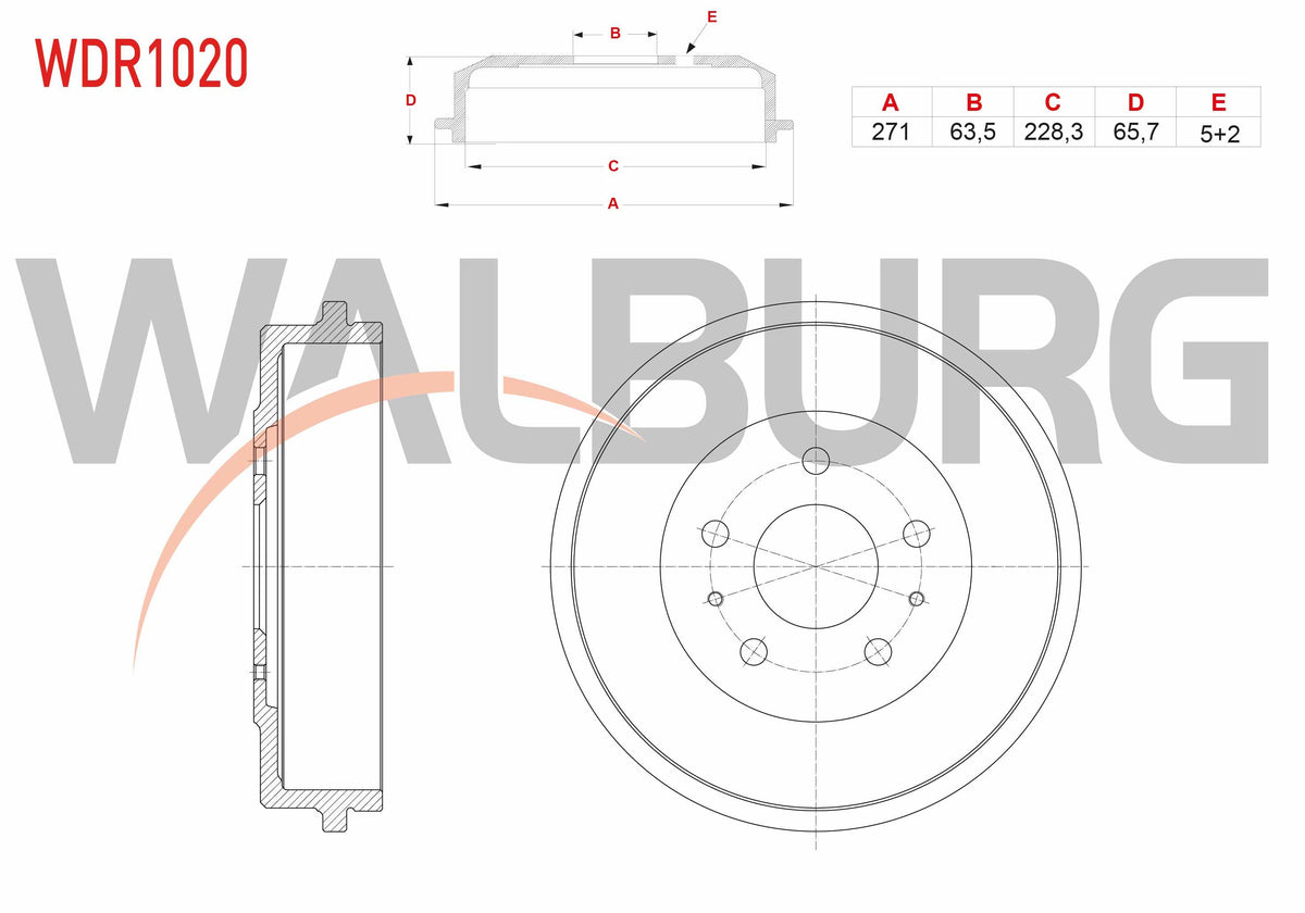 WALBURG WDR1020 Brake Drum Rear 5 Hole 271X63, 5X228 and 2 more models — Brake Rotors & Drums