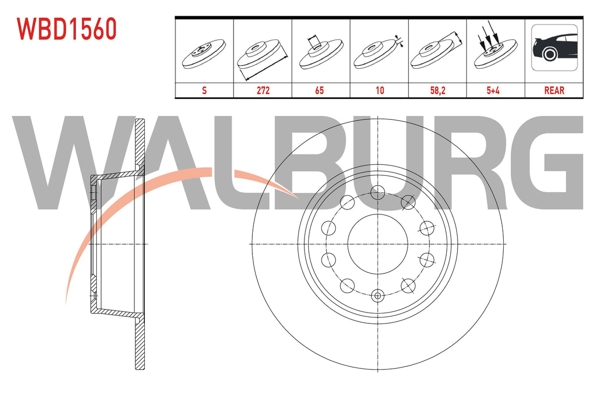 WALBURG WBD1560 Brake Disc Rear Straight 5 Bjn 272X10x65x58 — Brake Rotors & Drums