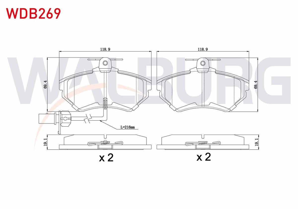 WALBURG WDB269 Brake Pad Front with Connector VW Passat 1.6 1996-2000 / Passat 1.9 TDI 1996-2000 / Passat 1.8 T — Brake Pads