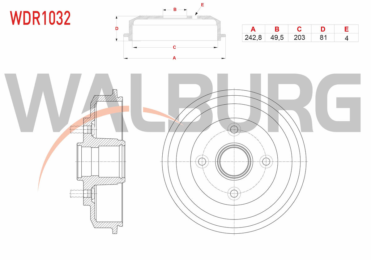 WALBURG WDR1032 Brake Drum Rear 4 Hole 242,8X49,5X203x81 Ford Focus 1.6i 16V-1.6 TDCi-1.8 TDCi 1998-20 — Brake Rotors & Drums