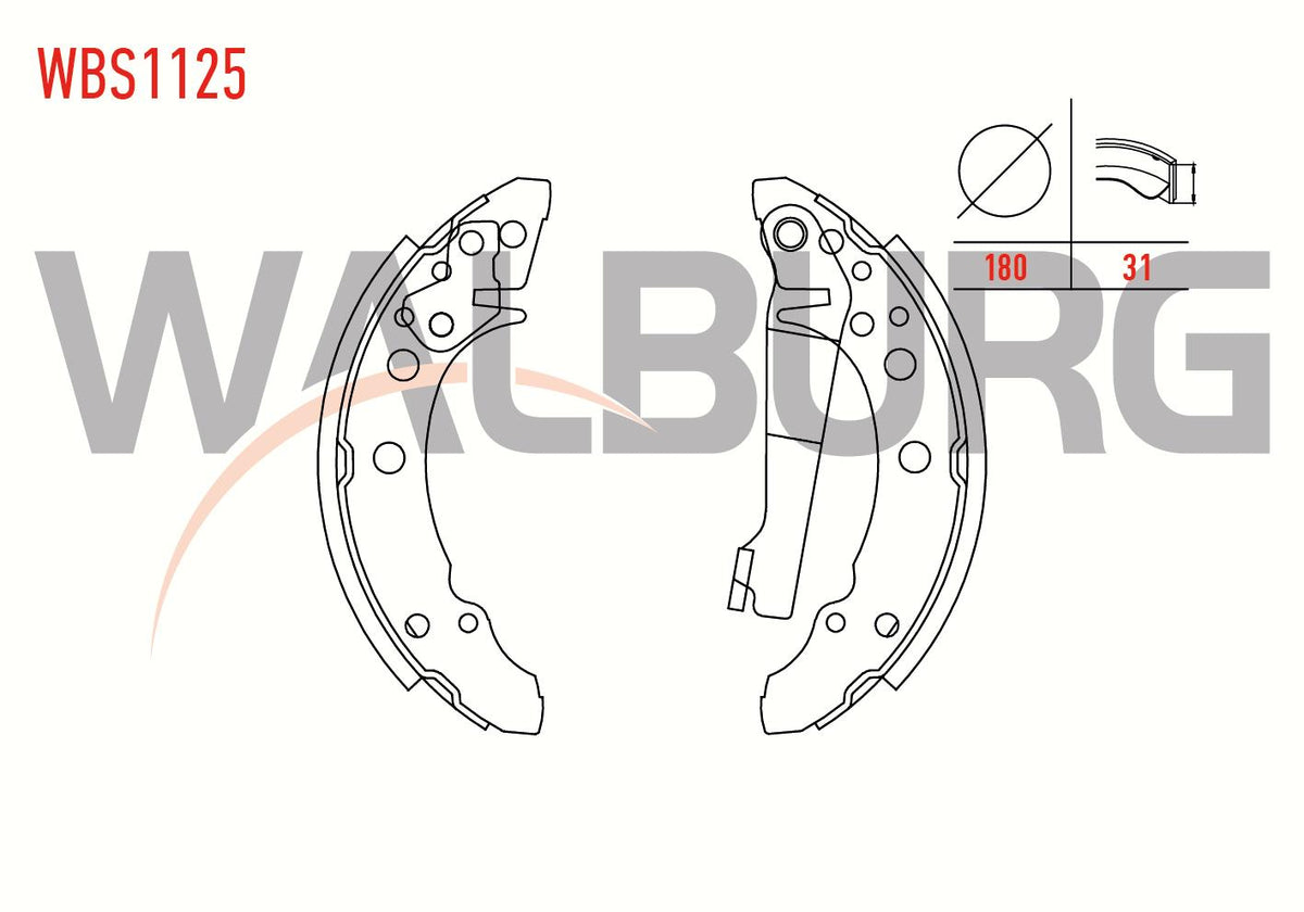 WALBURG WBS1125 Brake Shoe Rear Golf I 1.3 with Lever 180X31mm 1974-1985 / Golf I 1.6 1974-1985 / G — Brake Cables & Hardware