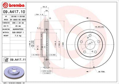 Brembo 09.A417.11 Brake Disc Front Toyota Auris RAV4 Camry 296mm UV Coated | Set of 2