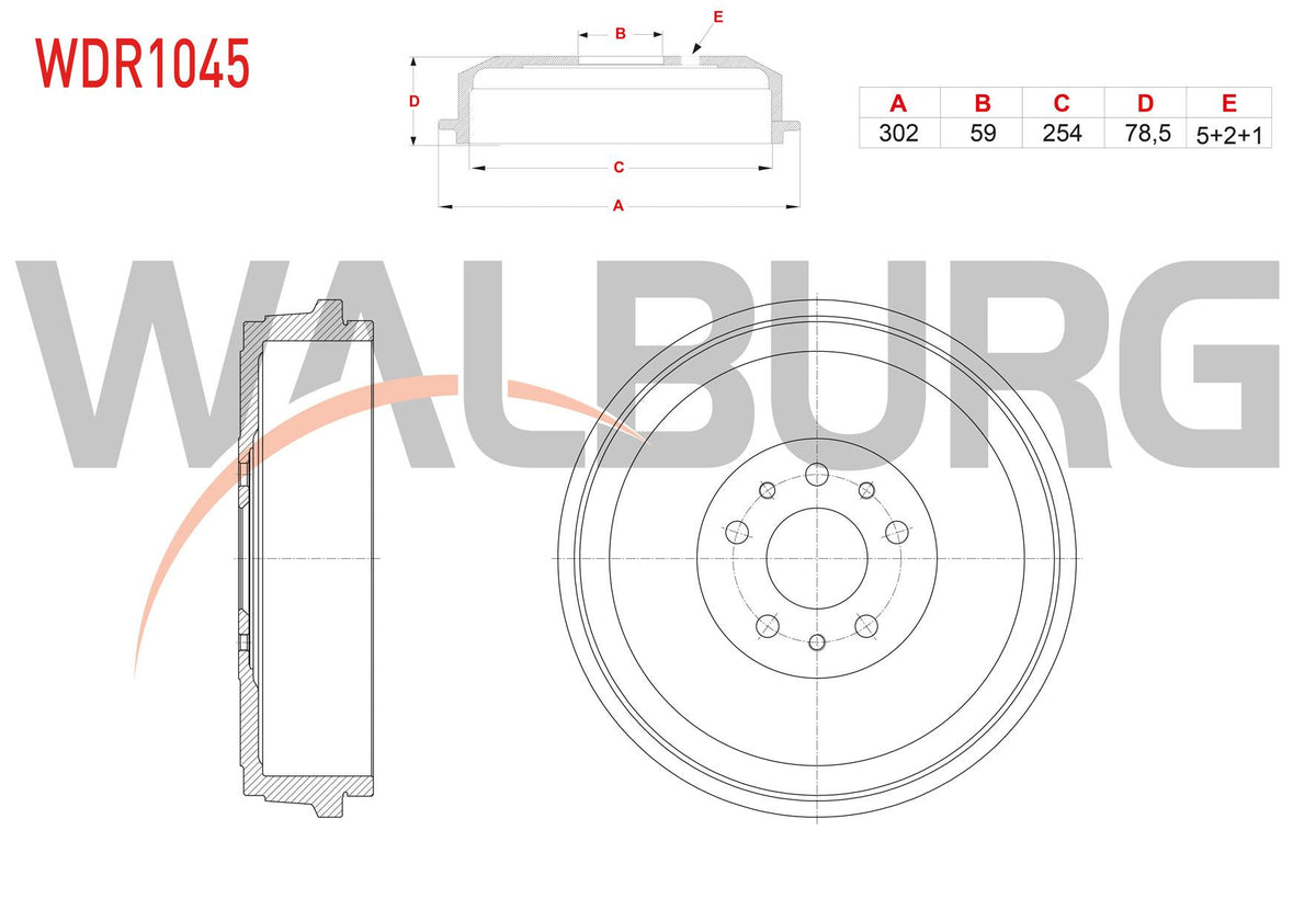 WALBURG WDR1045 Brake Drum Rear 5 Hole 302X59x254x78,5 Fiat Doblo 1.3 Mjt-1.6 Mjt 2010 — Brake Rotors & Drums