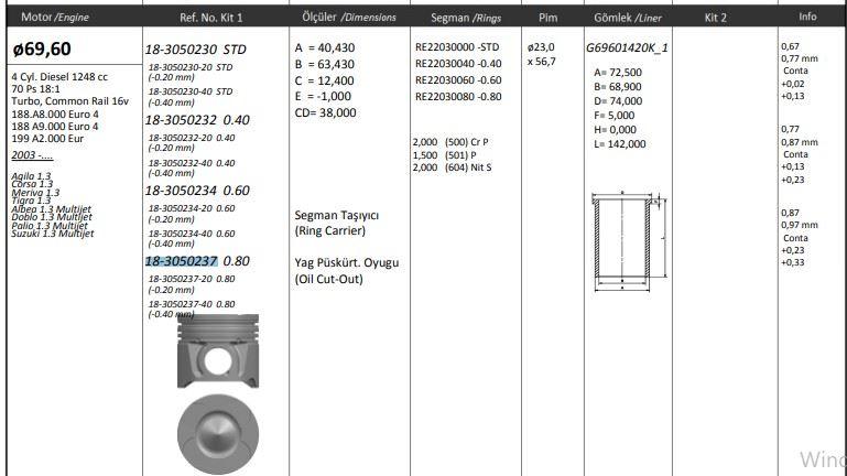 King 18305023720 Piston 69.60 mm Opel Corsa C/D Combo 1.3 CDTi Fiat Doblo Albea Palio 1.3 JTD Multijet S — Pistons & Rotating