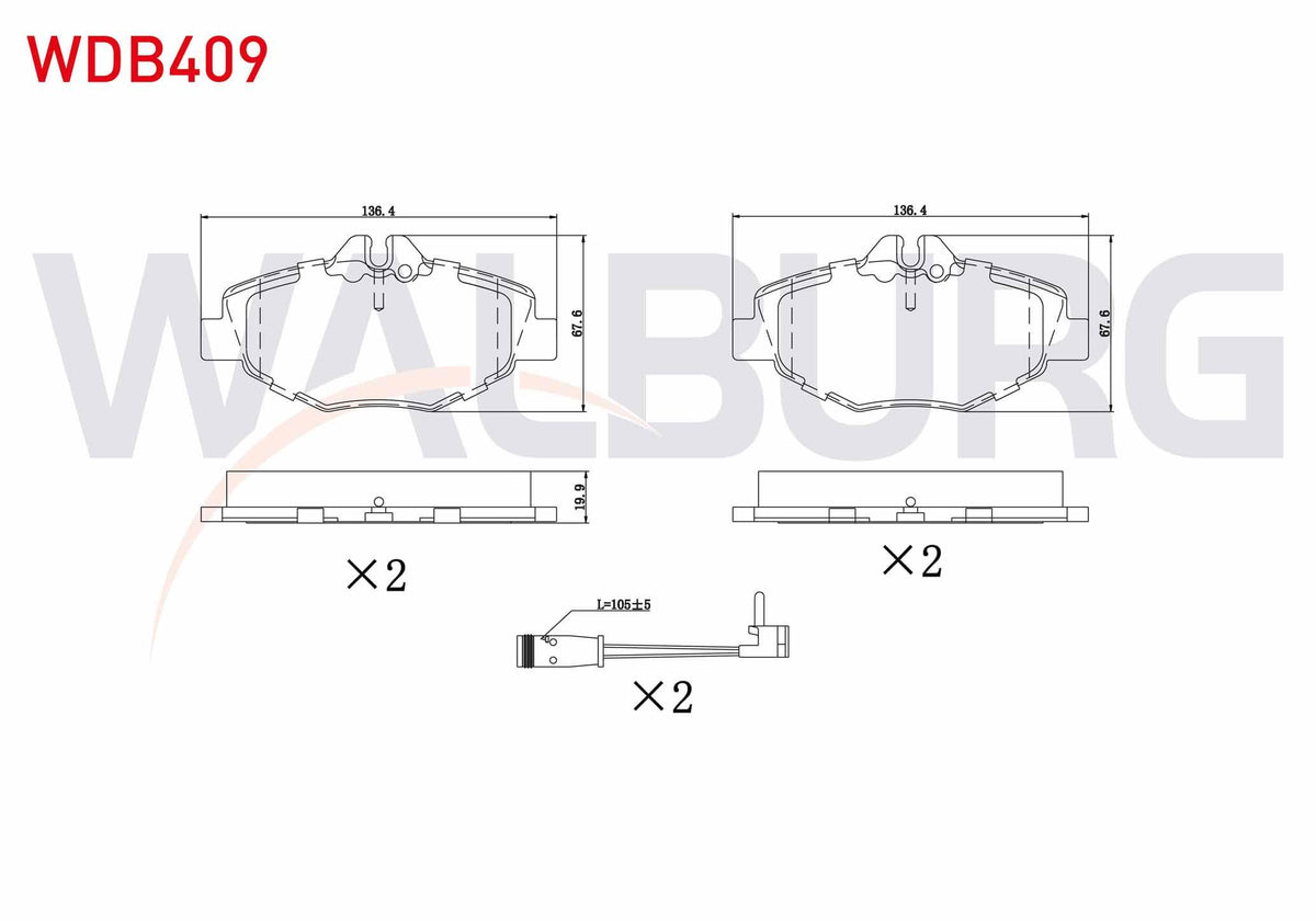 WALBURG WDB409 Brake Pad Front with Connector Mercedes E Series (W211) E 320 CDI 2002-2008 / (W211) E 280 CDI 20 — Brake Pads