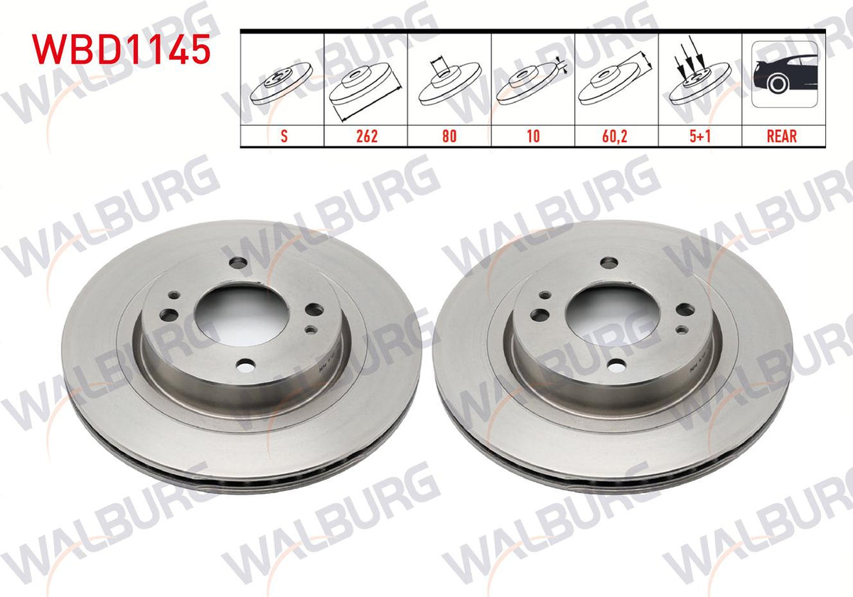WALBURG WBD1145 Brake Disc Rear Straight 5 Bjn 262X10x80x60, 2 Mitsubishi Lancer (Cy and 2 more models — Brake Rotors & Drums