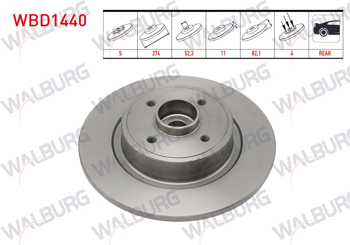 WALBURG WBD1440 Brake Disc Rear Straight 4 Bjn Wheel Hub with Bearing Magnetic ABS Okuyuculu 274X11x52,3X82,1 Renault Grand Scenic II 1.5 dCi-1.6i 2004-2009 | Set of 2