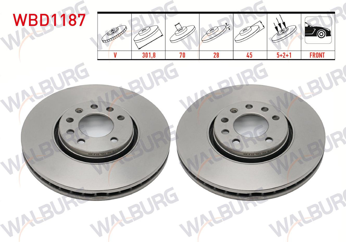 WALBURG WBD1187 Brake Disc Front Air 5 Bjn 301,8X28x70x45 Opel Vectra C 1.8 16V 2002-2008 / Vectra C 1 — Brake Rotors & Drums
