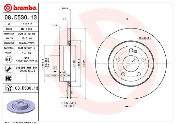 Brembo 08.D530.13 Brake Disc Rear Mercedes W205 S205 C205 A205 14-24 300mm — Brake Rotors & Drums