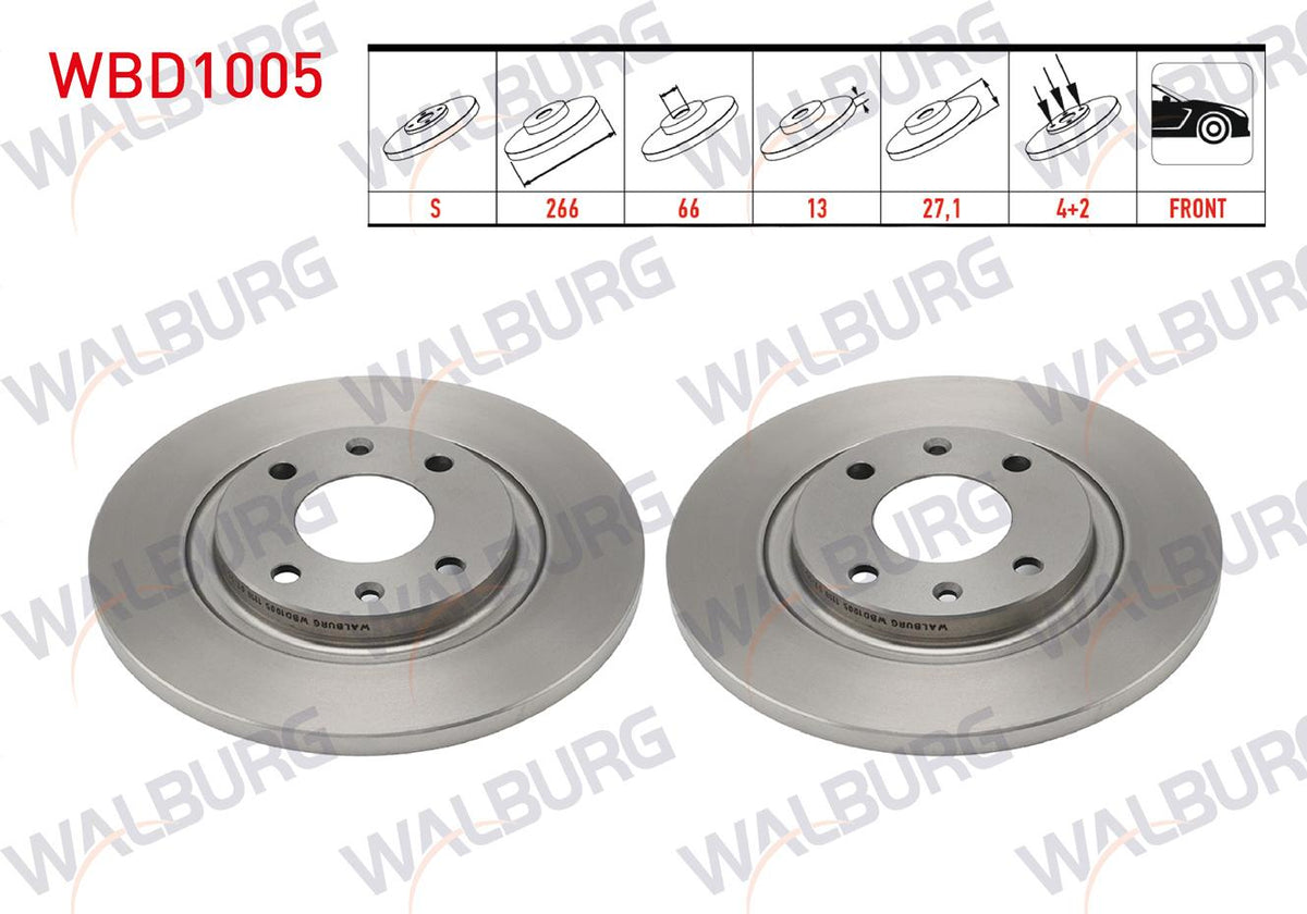 WALBURG WBD1005 Brake Disc Front Straight 4 Bjn 266X13x66x27 — Brake Rotors & Drums