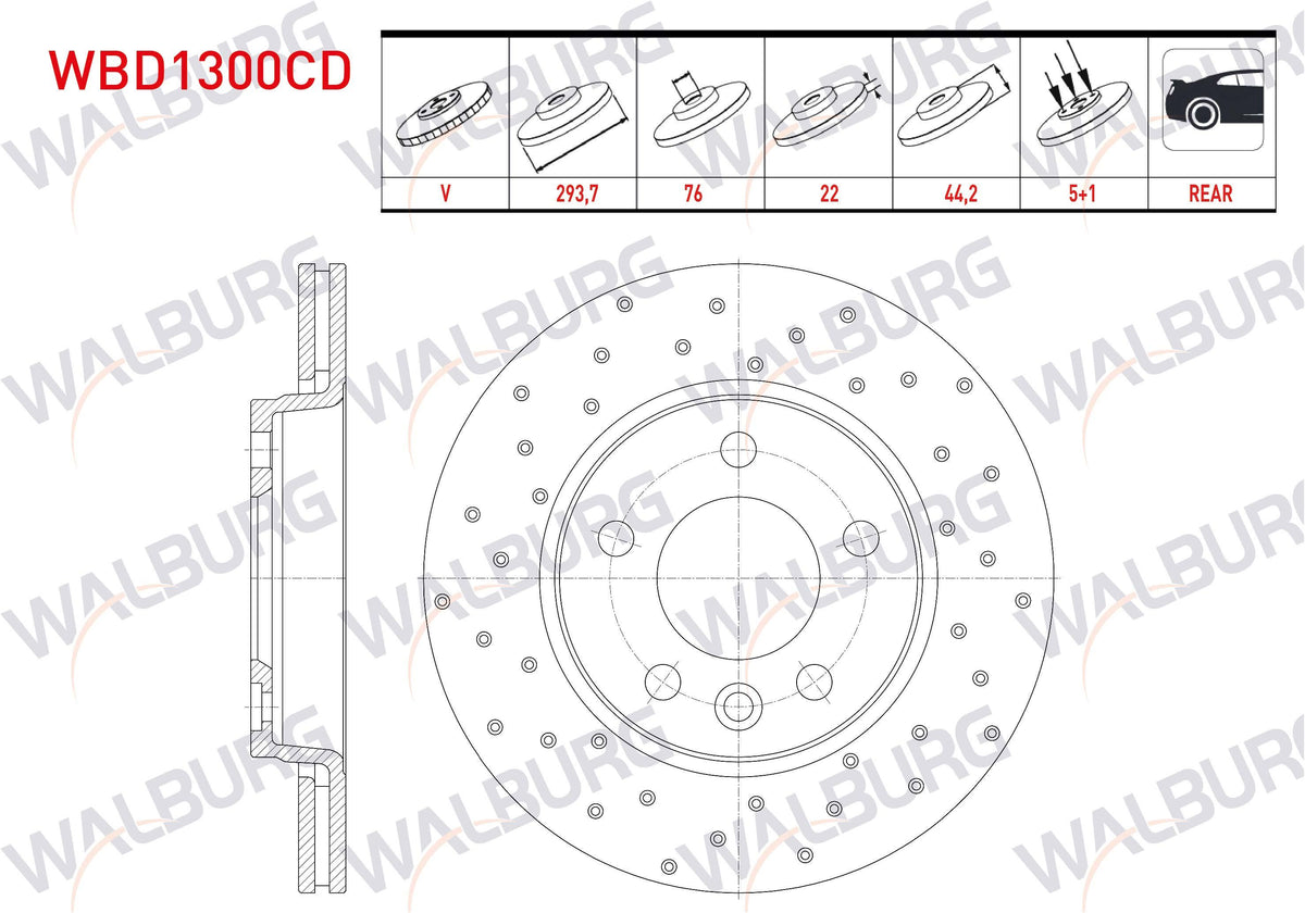 WALBURG WBD1300CD Brake Disc Rear Air Coated Performance Drilled 5 Bjn 293,7X22x76x44 — Brake Rotors & Drums