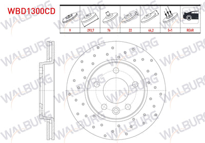 WALBURG WBD1300CD Brake Disc Rear Air Coated Performance Drilled 5 Bjn 293,7X22x76x44 — Brake Rotors & Drums