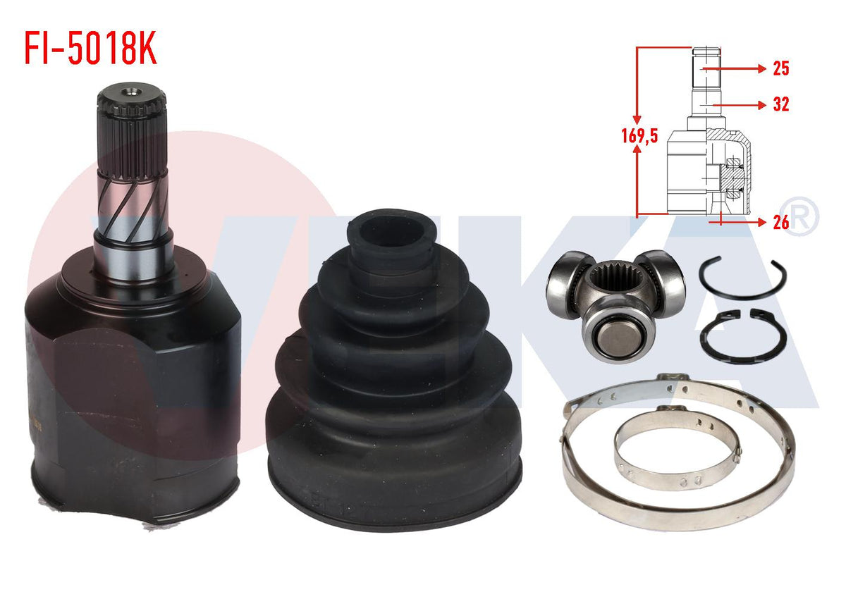 Veka FI-5018K CV Joint Left Front Inner Fiat Doblo (152,263) 1.6 Mjt 25X26x32 Length 169,5 mm 2010 — Axles, CV Joints & Boots