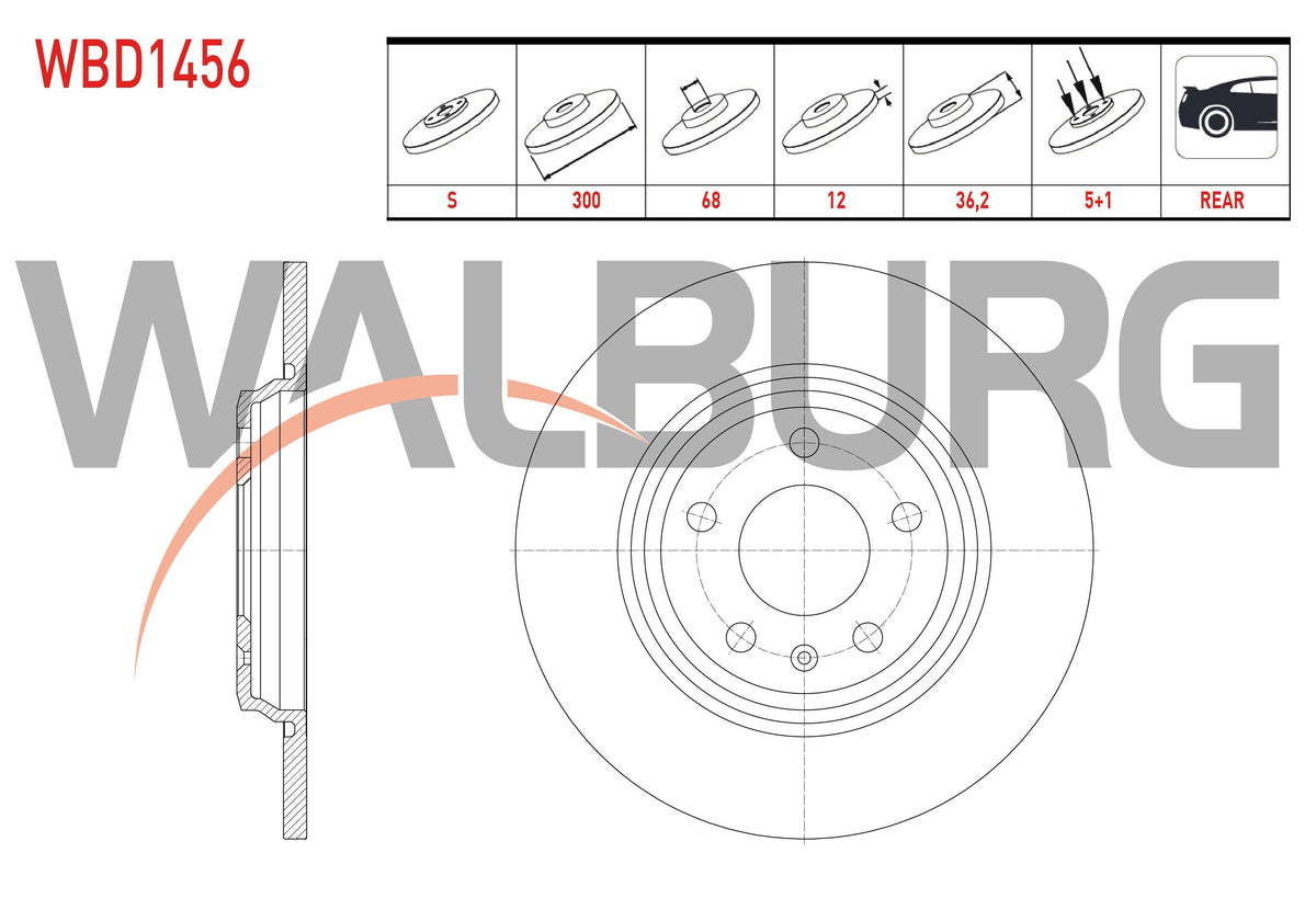 WALBURG WBD1456 Brake Disc Rear Straight 5 Bjn 300X12x68x36 — Brake Rotors & Drums