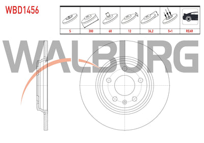 WALBURG WBD1456 Brake Disc Rear Straight 5 Bjn 300X12x68x36 — Brake Rotors & Drums