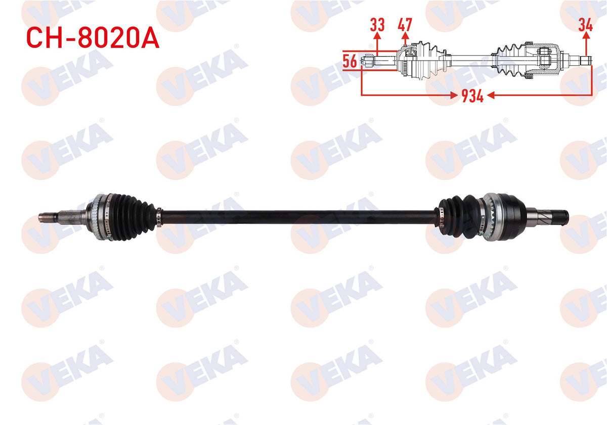 Veka CH-8020A Complete Axle Right Front ABS li 47 Outer Length 934mm Chevrolet Lacetti (J200) 1.4i — Axles, CV Joints & Boots