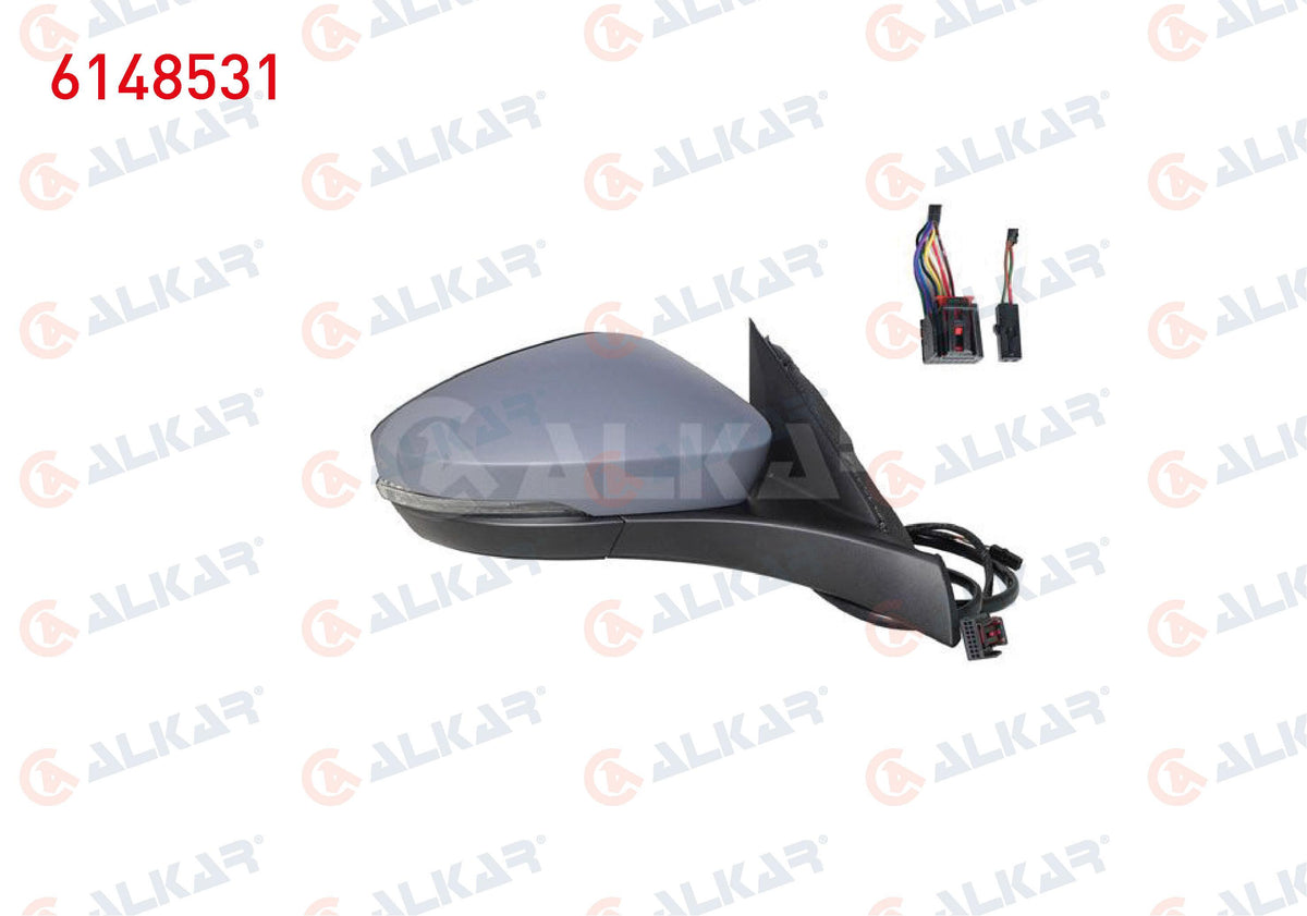Alkar 6148531 Outer Rear View Mirror Right Electric Heated Primed Automatic Folding with Turn Signal Lower with Lighting with Memory Blind Spot 13 + 2 Pin Volkswagen T-Roc (A11) 2017