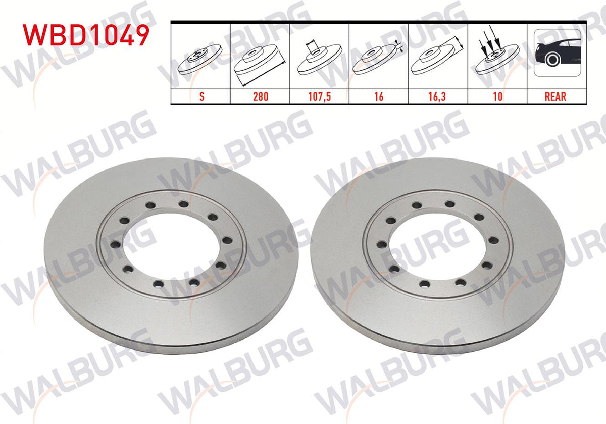 WALBURG WBD1049 Brake Disc Rear Straight 10 Bjn 280X16x107,5X16 — Brake Rotors & Drums