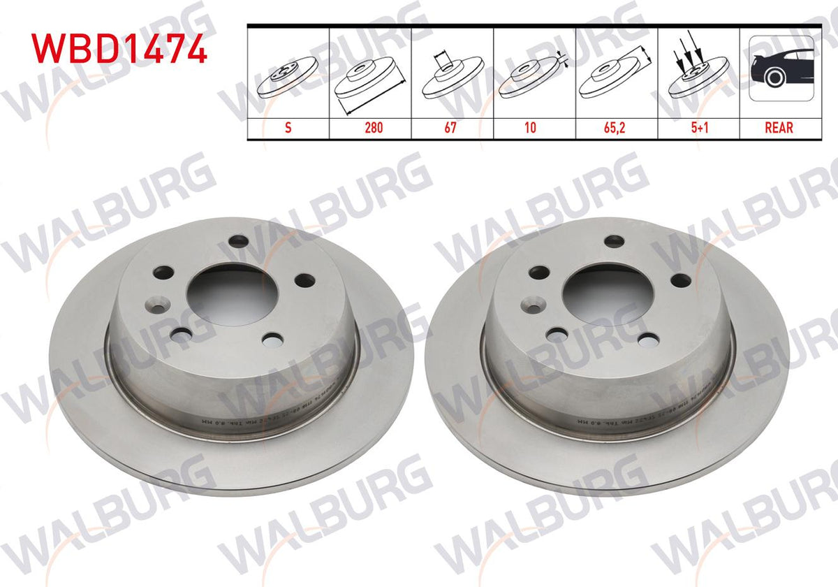 WALBURG WBD1474 Brake Disc Rear Straight 5 Bjn 280X10x67x65 — Brake Rotors & Drums