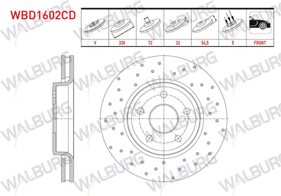 WALBURG WBD1602CD Brake Disc Front Air Coated Performance Drilled 5 Bjn 17 Rim 330X32x72x54,5 Jeep Grand Cherokee IV (Wk,Wk2) 3.0 Crd-3.6 V6 2010