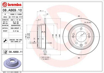 Brembo 08.A869.10 Brake Disc Rear i30/cee'd 08-11 / ix35 11-13 / Sportage 11-13 — Brake Rotors & Drums