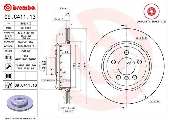 Brembo 09C41113 Brake Disc Rear BMW F10 F11 F18 — Brake Rotors & Drums