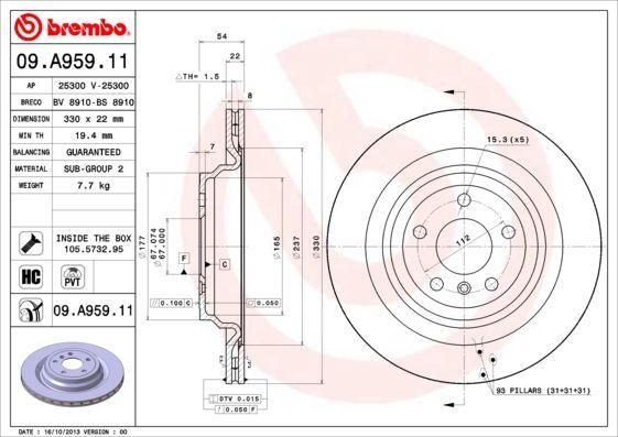 Brembo 09.A959.11 Brake Disc Rear Gle W166 GLE Coupe C292 — Brake Rotors & Drums