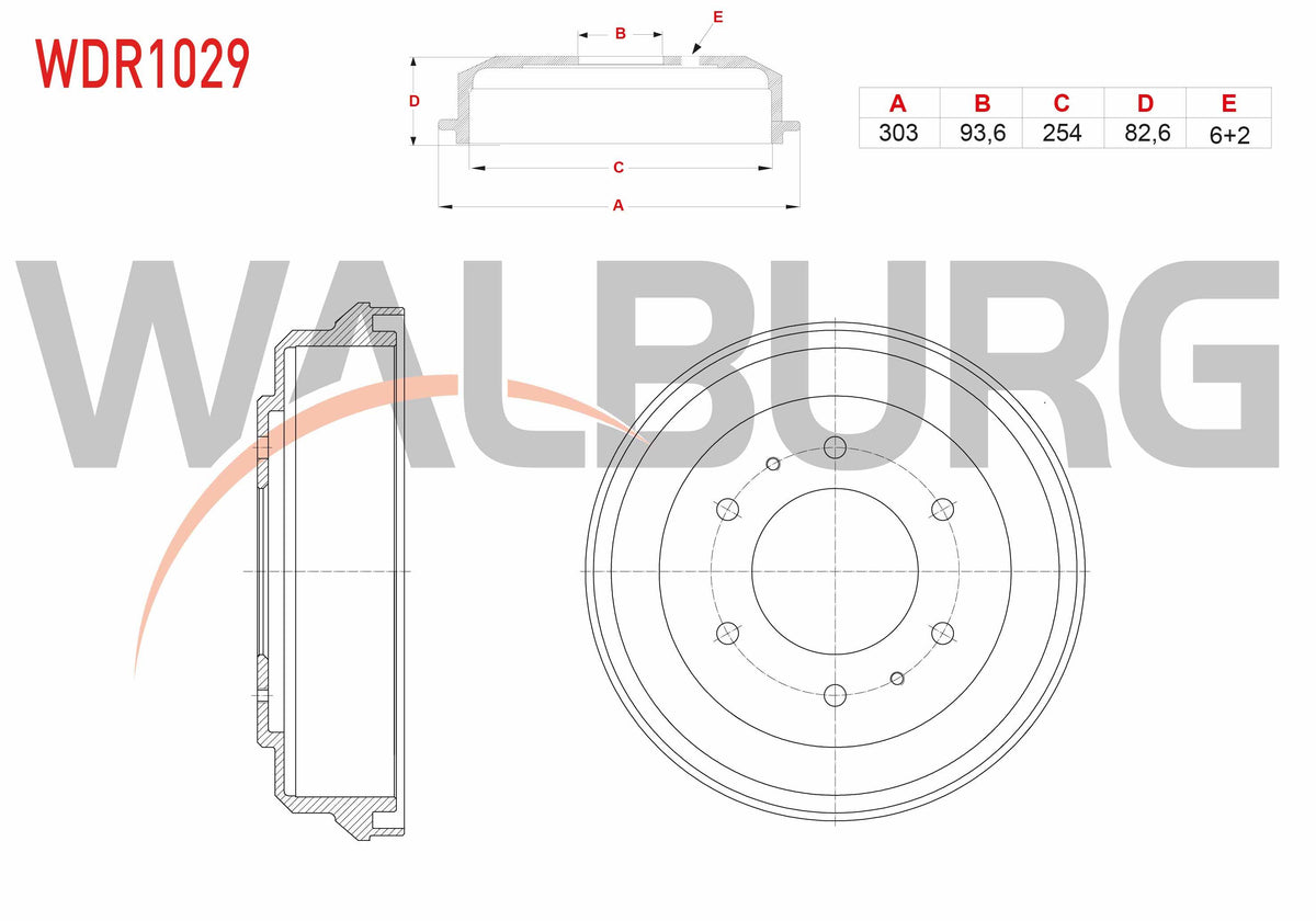 WALBURG WDR1029 Brake Drum Rear 6 Hole 303X93,6X254x82,6 Mitsubishi L 200 2.5 TD 1996-2006 — Brake Rotors & Drums