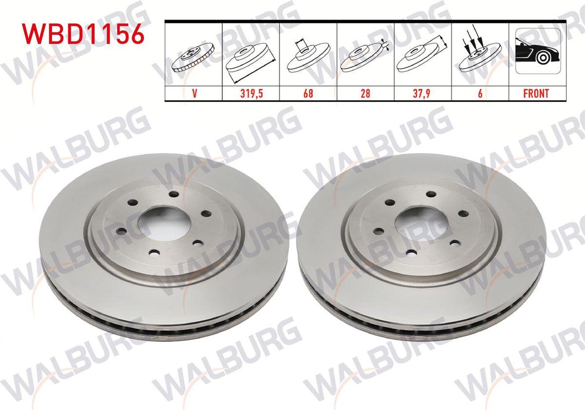 WALBURG WBD1156 Brake Disc Front Air 6 Bjn 319,5X28x68x37,9 Nissan Pathfinder (R51) 2.5 dCi 4X4 2005-/ Navara (D40) 2.5 dCi 6 Bjn 4X4 2005-2015 | Set of 2