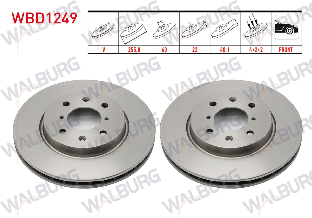 WALBURG WBD1249 Brake Disc Front Air 4 Bjn 255,8X22x60x40,1 Suzuki Swift IV (Fz,Nz) 1.2 2010-/ Swift IV (Fz,Nz) 1.3 DDiS 2010-| Set of 2