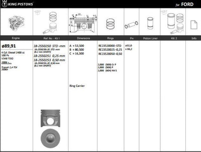 King 182550253 Piston 89.90 mm (0.50) Ford Transit V348 2.4 TDI (100 Ps) 06-(Rıken with Piston Rings) — Pistons & Rotating