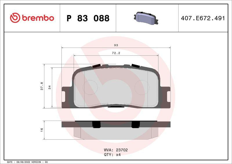 Brembo P83088 Brake Pad Rear Low-Met Toyota — Brake Pads