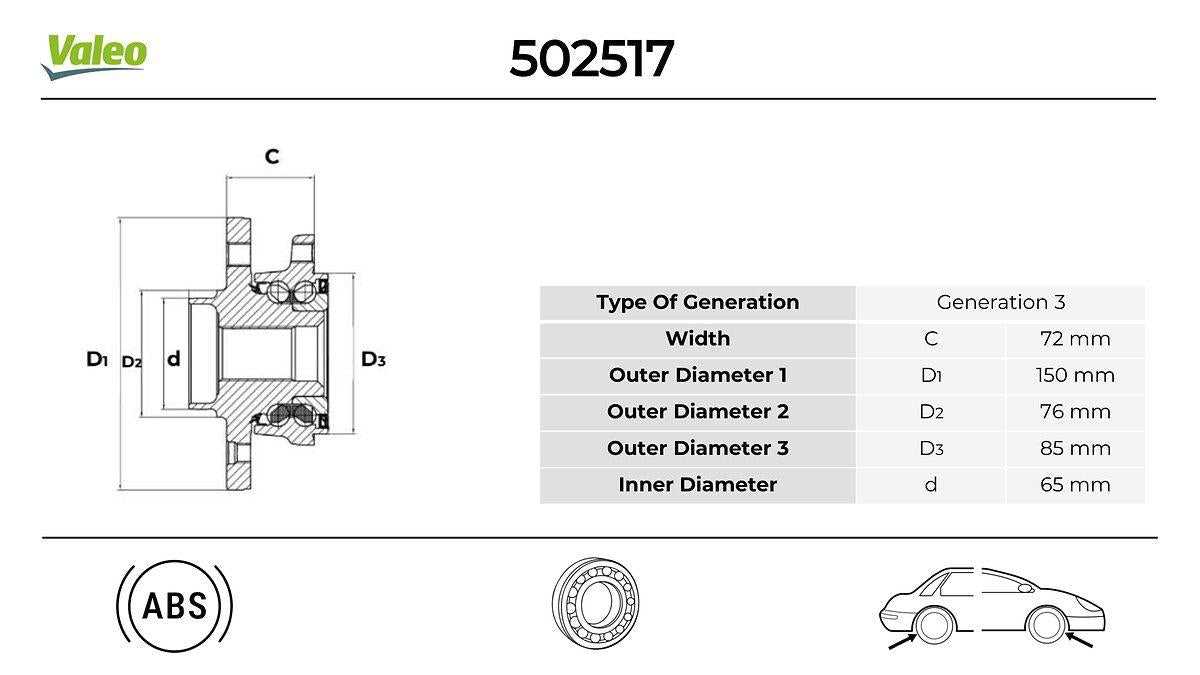 Valeo 502517 Wheel Hub Front & Rear 5 Lug ABS li Transporter T5 T6 1.9 2.0 2.5 TDI 03 > 30X85x45 — Hub Assemblies